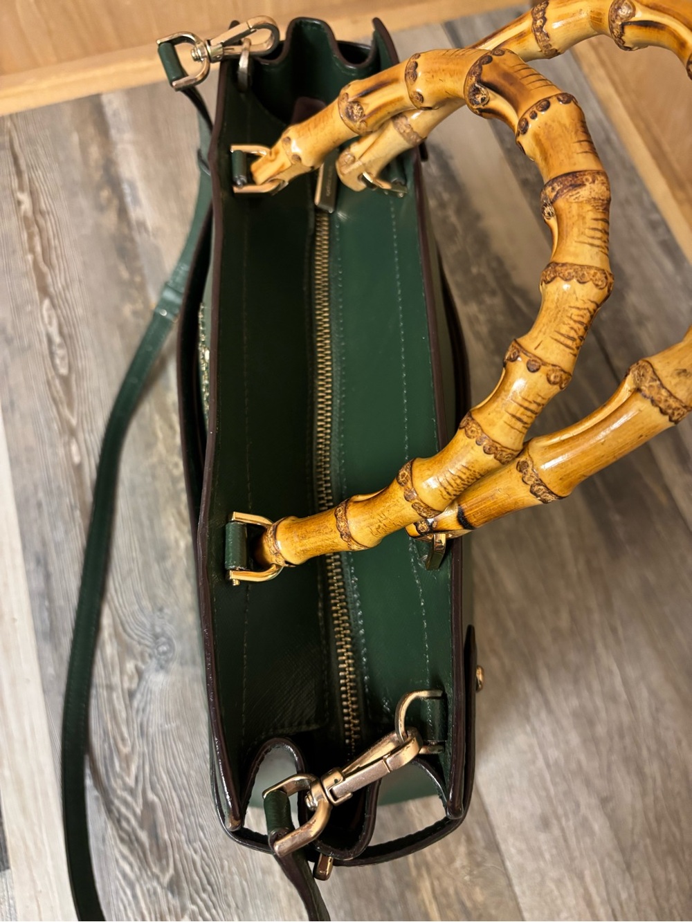 Kate Spade Custom- Hand Painted Dark Green Large Satchel w/ Bamboo Handles - Picture 5 of 9
